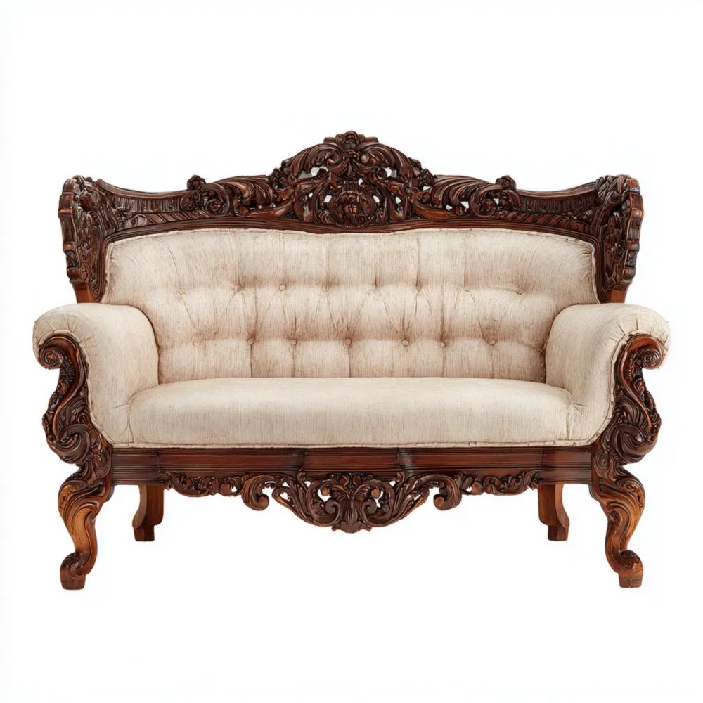 Divano a tre posti in legno intagliato 200x90x110 cm - Beige e Marrone