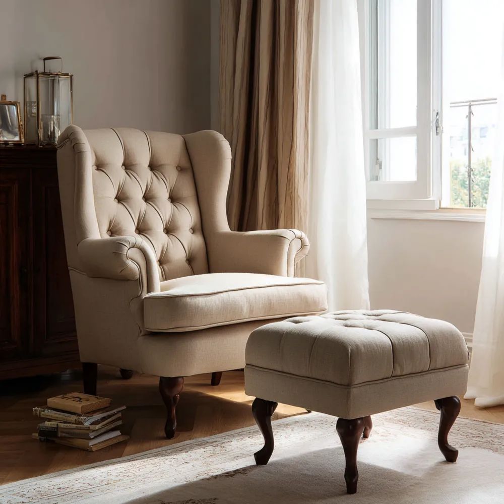 Poltrona con Poggiapiedi Tessuto Imbottito 75x85x100 cm - Beige - Stile Classico