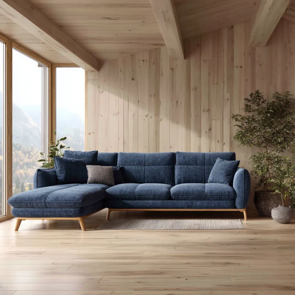 Divano angolare in tessuto 250x150x85 cm – Blu – Design moderno