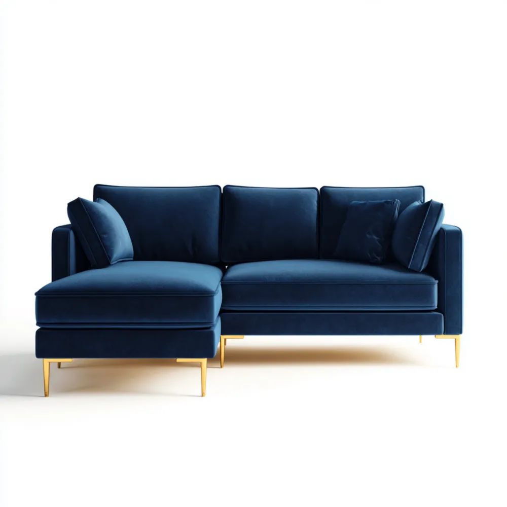 Divano angolare in velluto 280x150x85 cm – Blu – Design contemporaneo