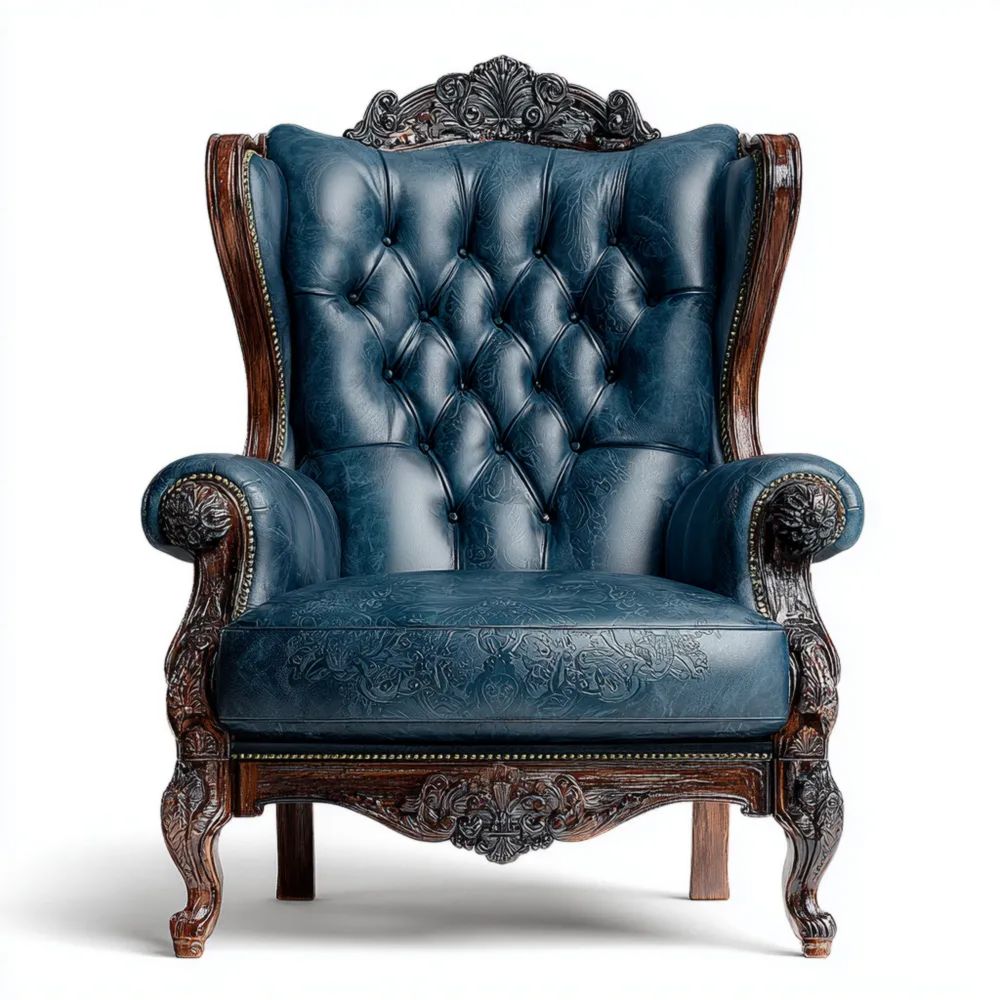 Poltrona in Pelle Intagliata – 95x85x120 cm – Blu Marino – Stile Classico