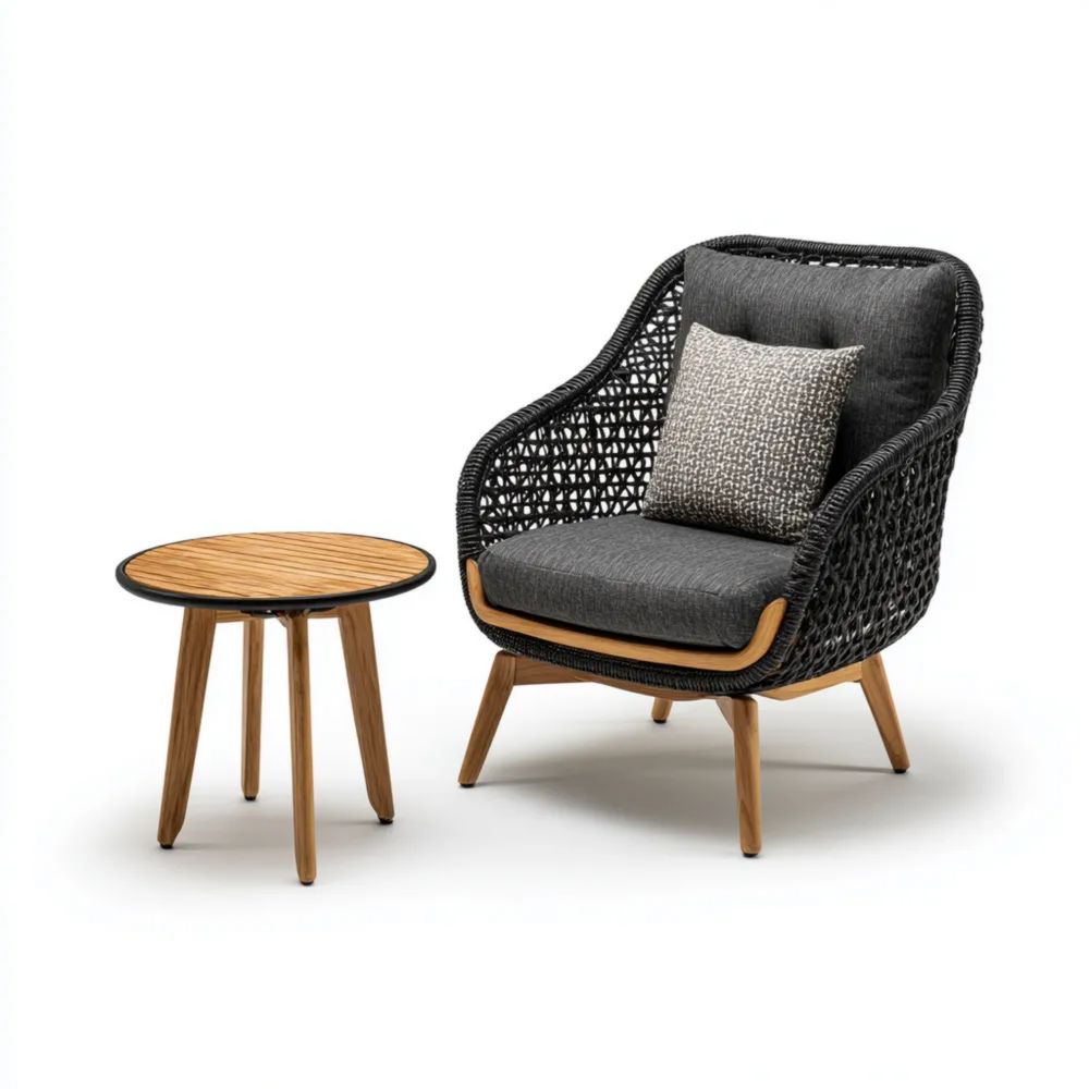 Set mobili relax esterno intrecciato fibra sintetica 90x75x80 cm – Nero/Grigio – Stile Contemporaneo