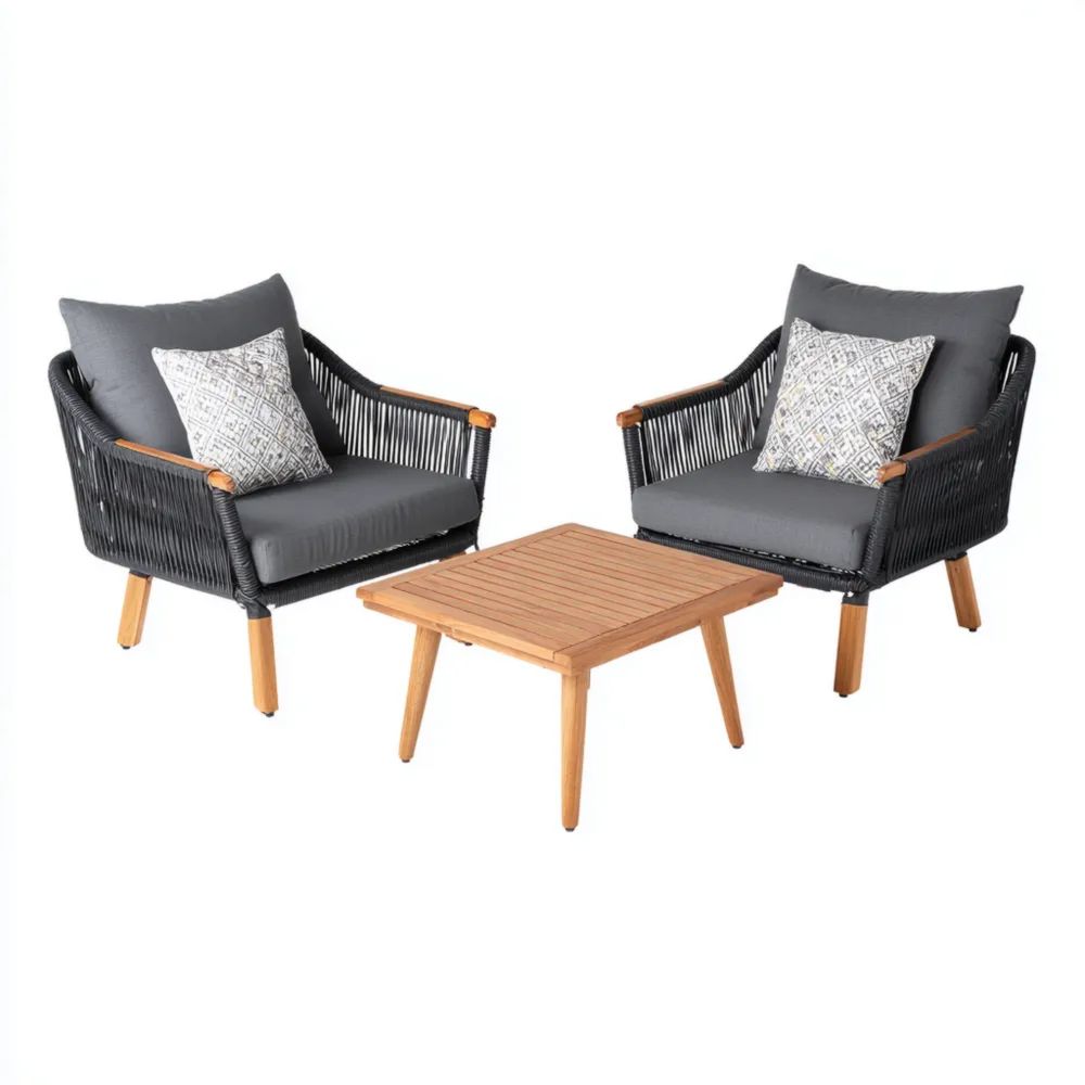 Set di mobili da giardino in legno e corde 2 poltrone 68x70x76 cm 1 tavolino 60x60x40 cm - Grigio - stile moderno