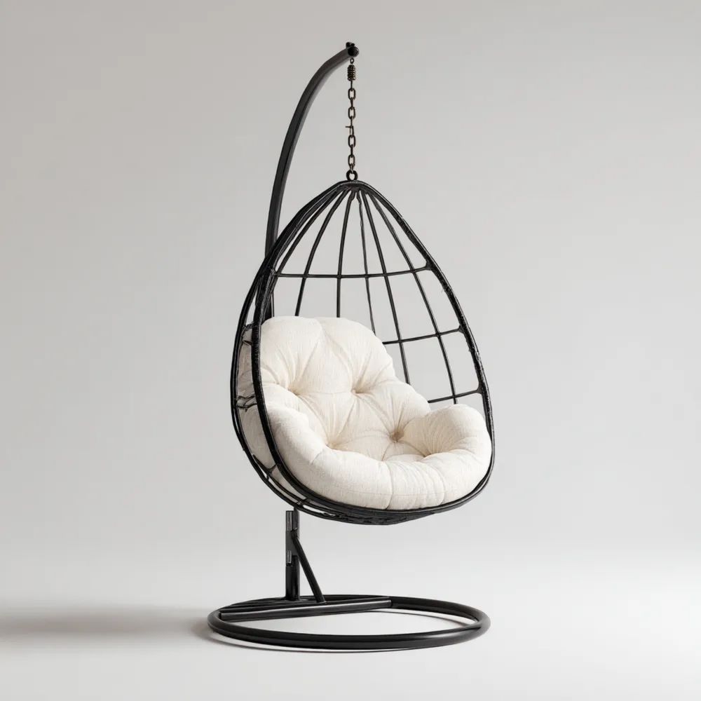 Sedia Sospesa in Rattan Metallo 95x105x195 cm Bianco/Beige – Design Moderno