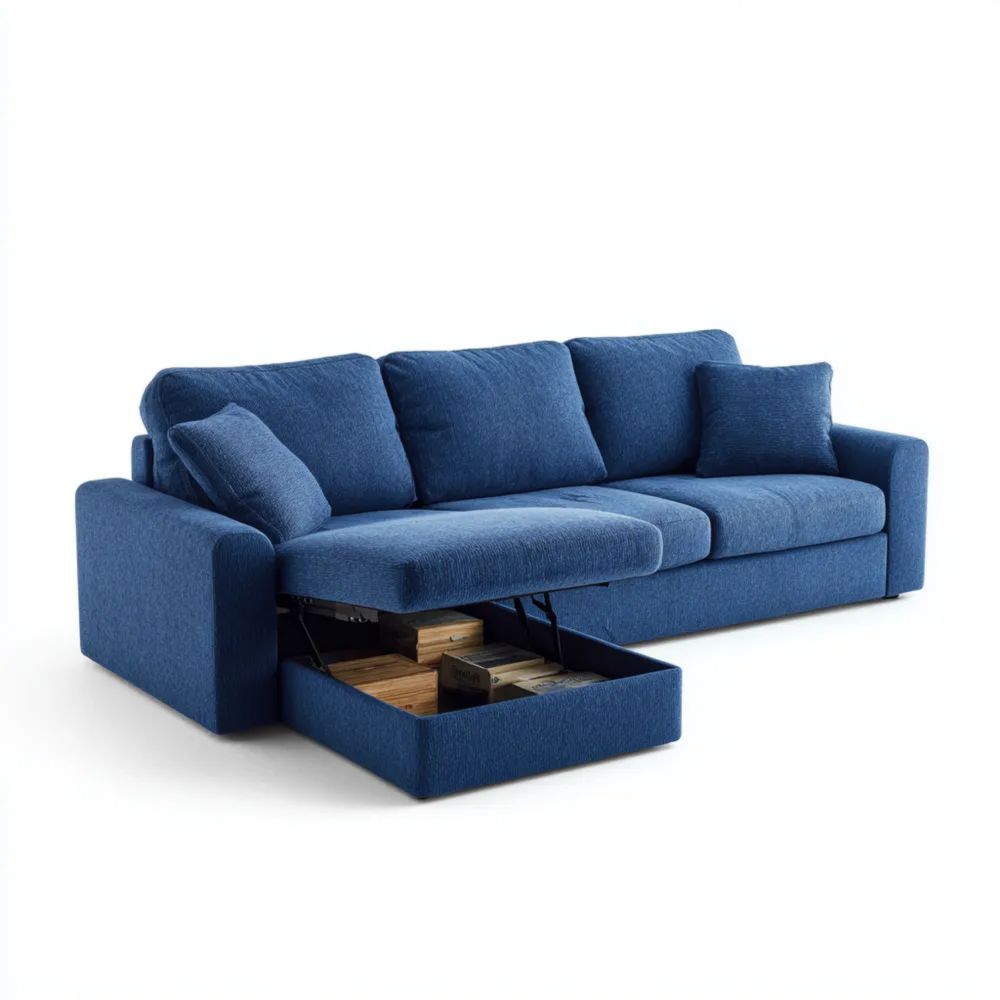 Divano angolare con contenitore 250x150x85 cm - Blu - Design moderno