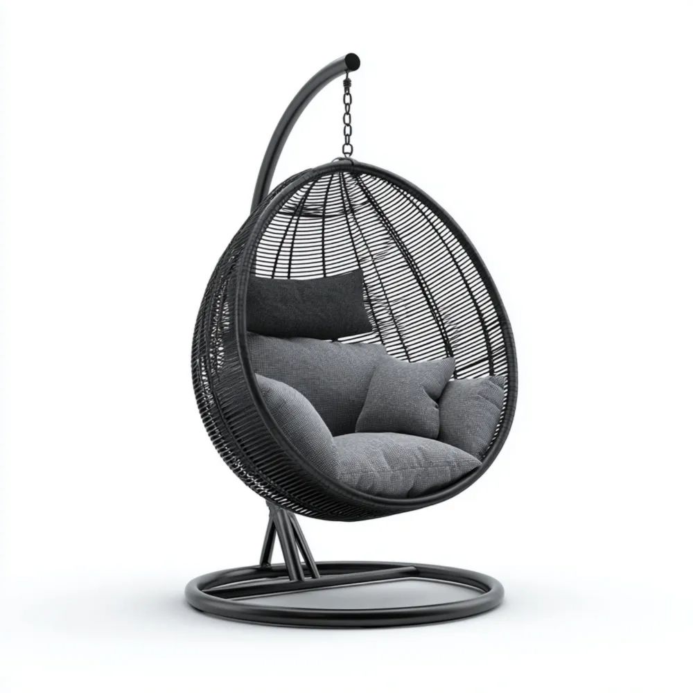 Sedia Sospesa 95x95x195 cm in Rattan Sintetico e Metallo Grigio/Nero