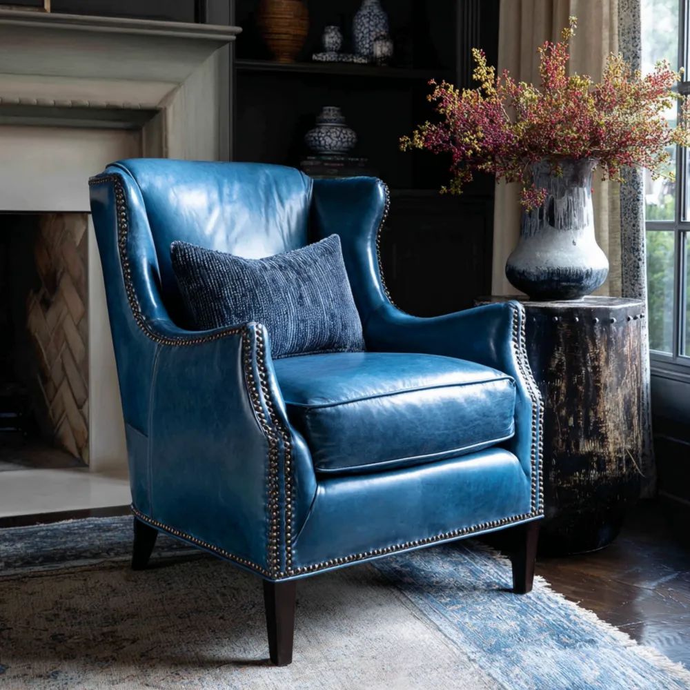 Poltrona in Pelle 75x85x100 cm – Blu – Design Classico