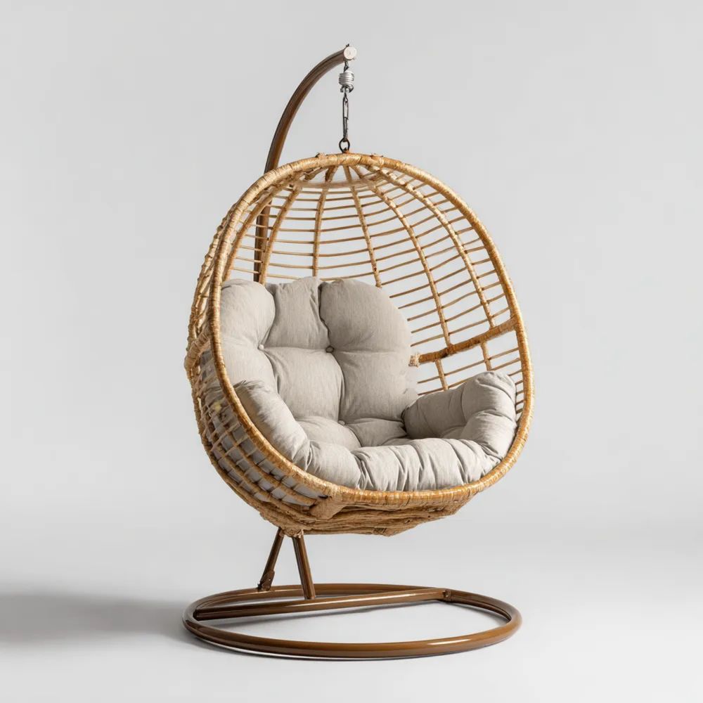 Sedia Sospesa in Rattan Sintetico 105x105x195 cm con Cuscino Grigio – Design Moderno