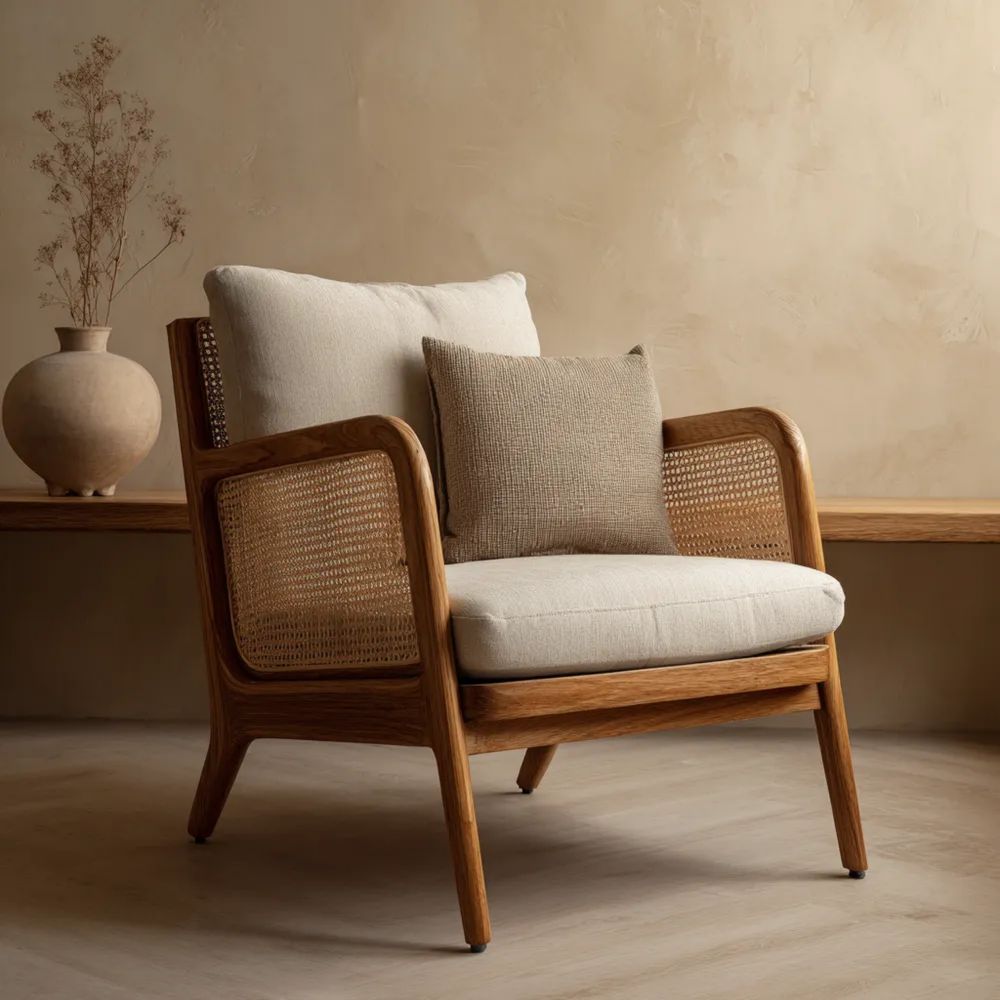 Poltrona in Legno e Rattan 80x90x85 cm – Beige – Design Naturale