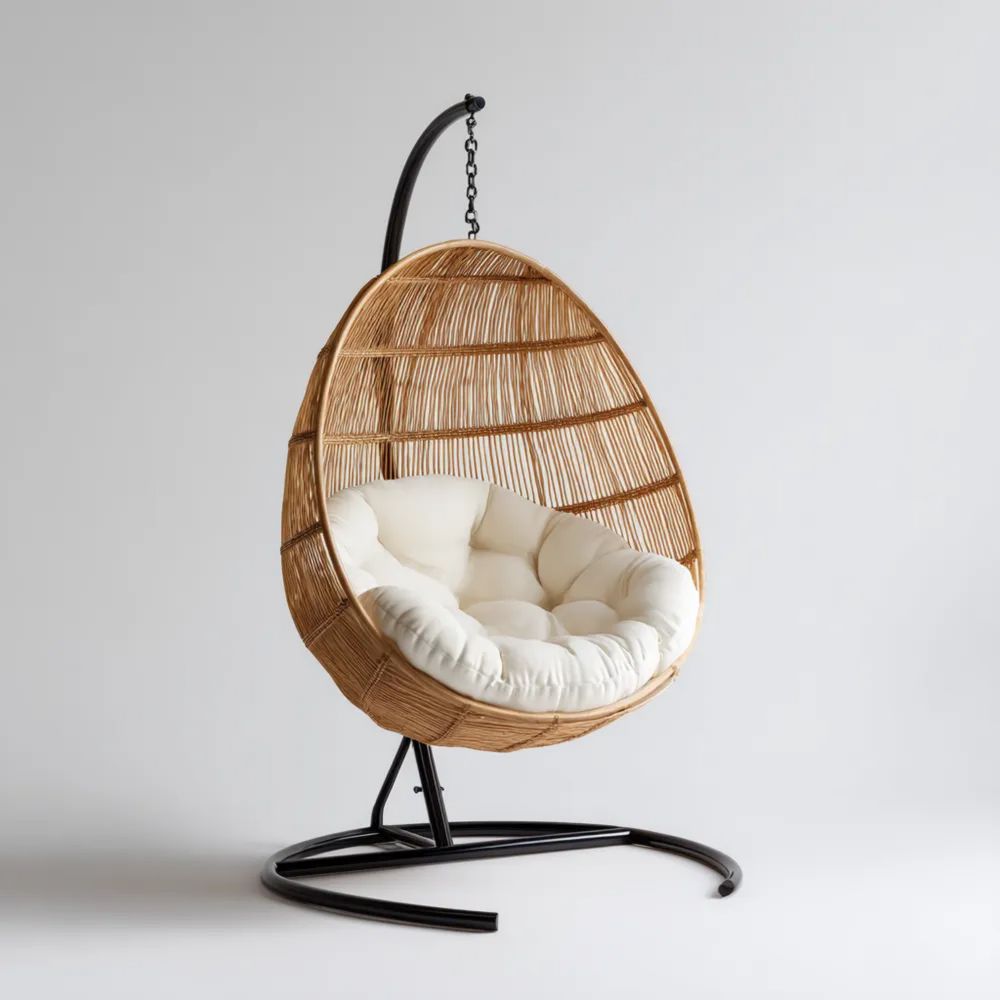 Sedia sospesa in rattan naturale 100x95x195 cm con cuscino Bianco – Design moderno