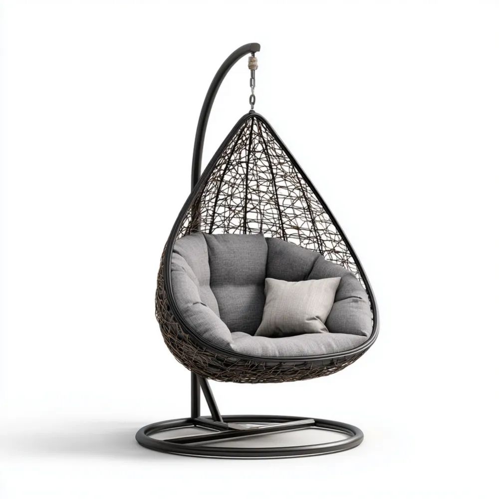 Sedia Sospesa in Rattan Sintetico 105x95x200 cm con Cuscini in Tessuto Grigio