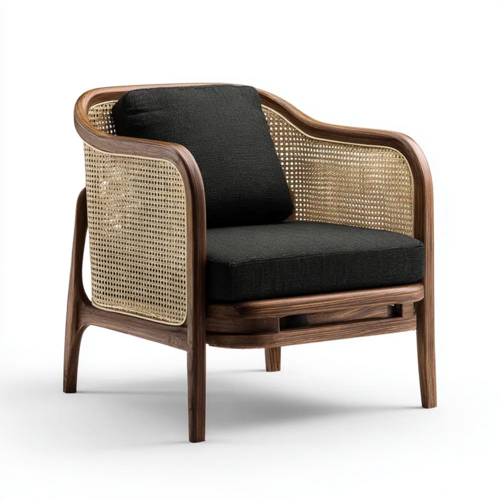 Poltrona in legno e rattan 75x80x85 cm - Nero - Design moderno