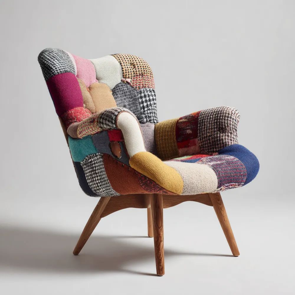 Poltrona Imbottita Patchwork 75x85x90 cm - Multicolore - Design Retrò