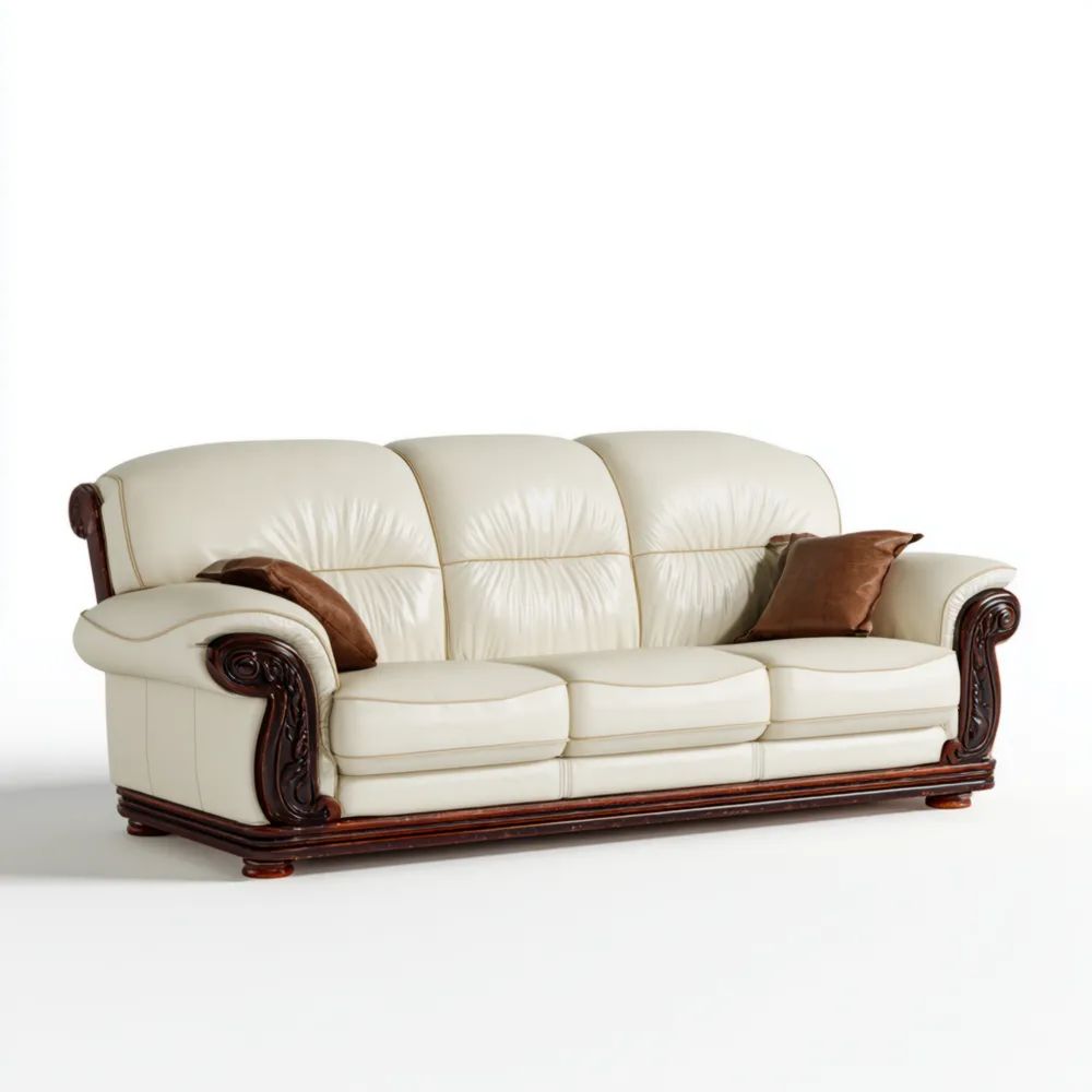 Divano a tre posti in Pelle 210x90x85 cm – Crema/Marrone