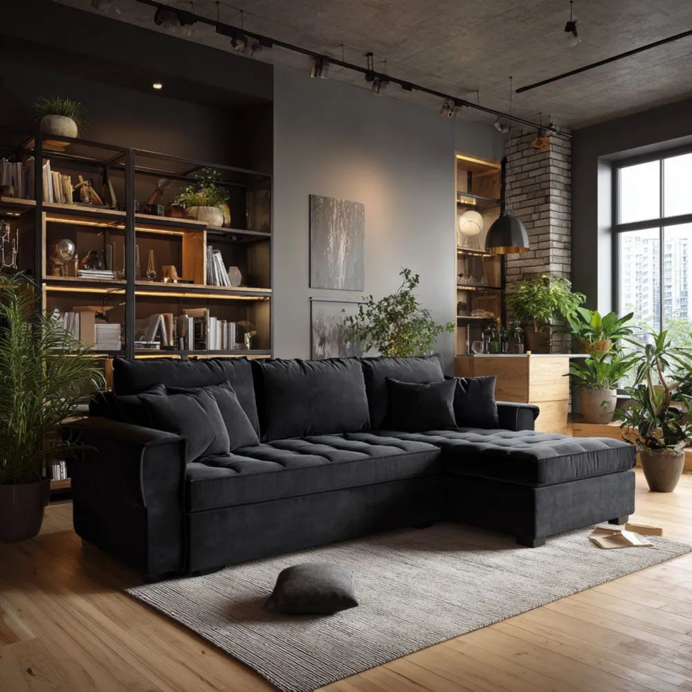 Divano angolare in tessuto 250x150x90 cm - Nero - Design moderno