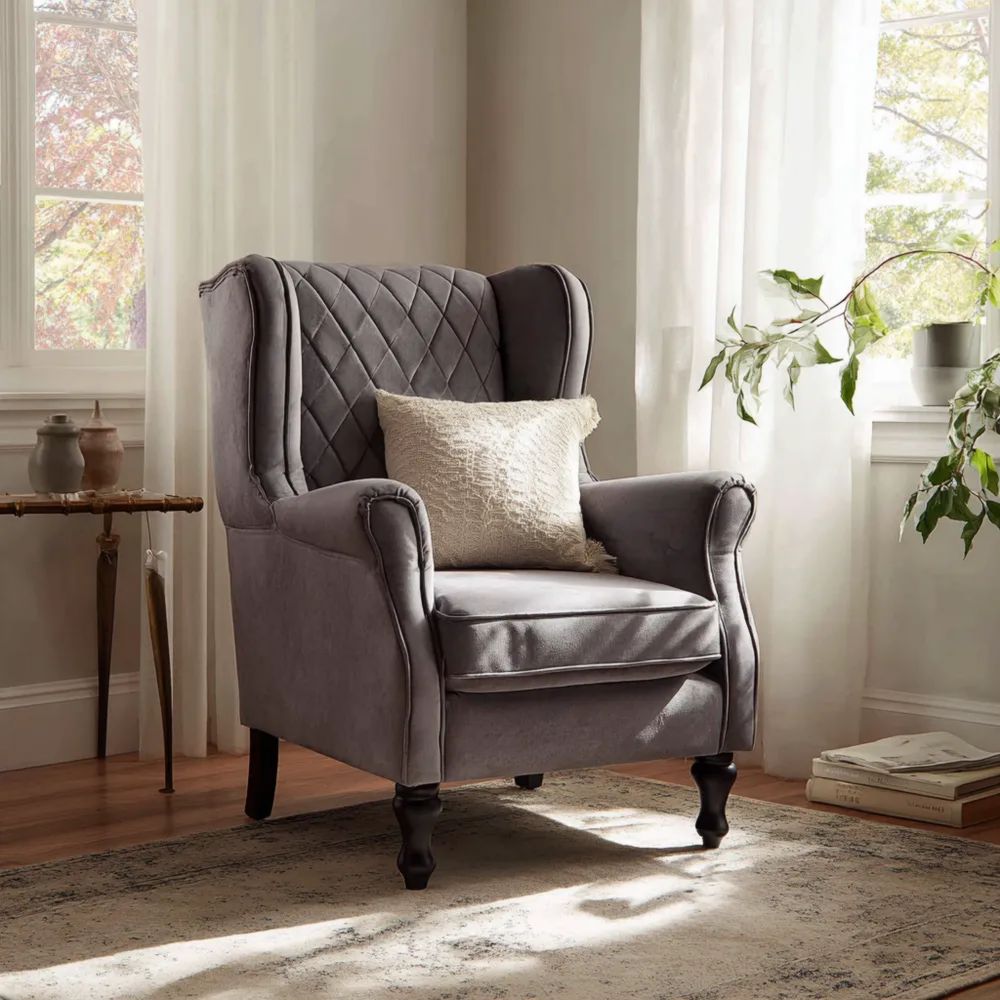 Poltrona in Velluto Grigio con Braccioli 80x75x100 cm - Design Classico