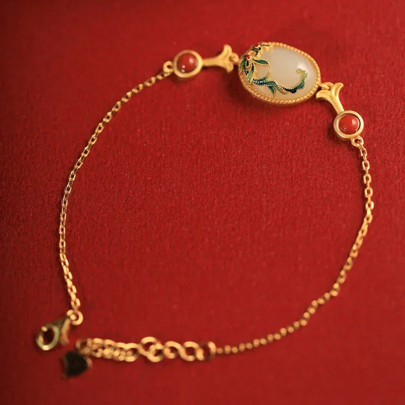 Vintage zlatý zelený a červený korálový drahokamový květinový náramek-Eleanor Hart CZ