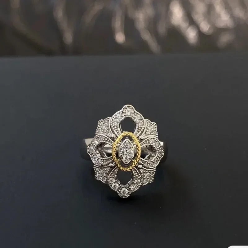 Vintage zlatý a stříbrný květinový diamant, nastavitelný prsten-Eleanor Hart CZ