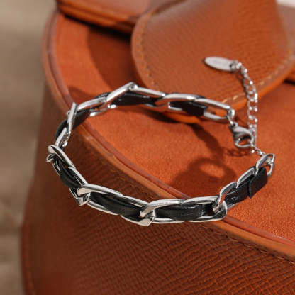 Vintage stříbrný kožený řetízkový náramek-Eleanor Hart CZ