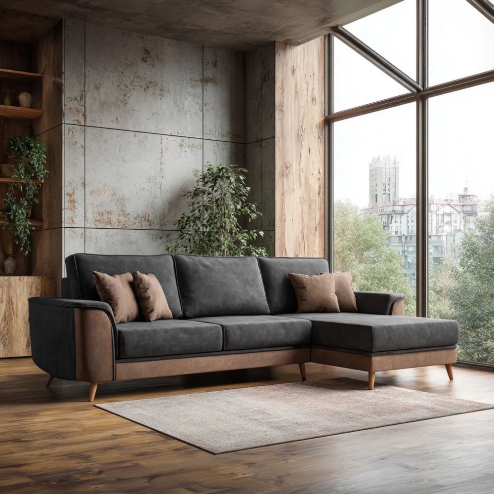 Divano angolare in tessuto 250x150x80 cm - Grigio/Marrone - Design moderno