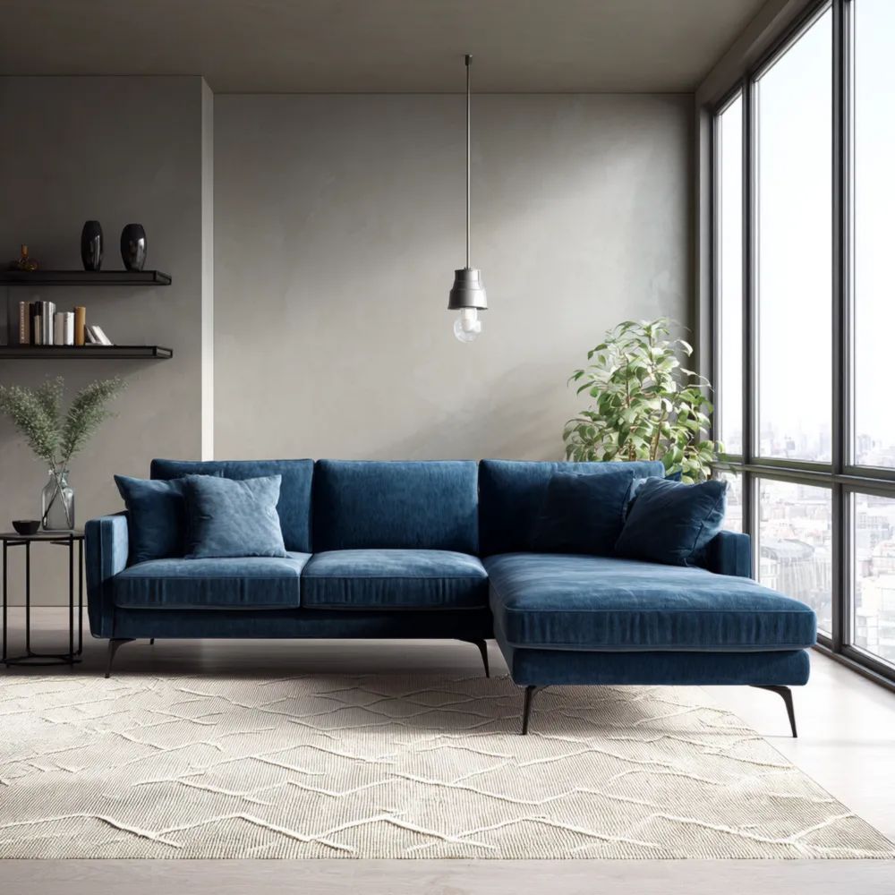 Divano angolare in velluto 250x150x85 cm - Blu - Design contemporaneo