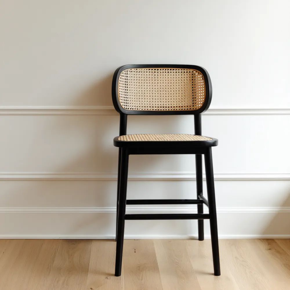 Sgabello da bar in legno e rattan 65x45x100 cm - Nero/Naturale - Design Classico