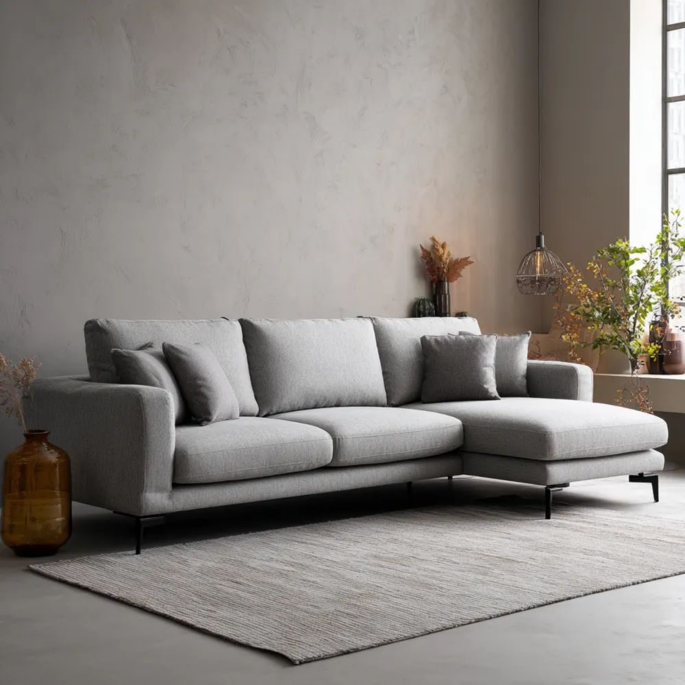 Divano angolare in tessuto 250x90x95 cm – Grigio chiaro – Design moderno