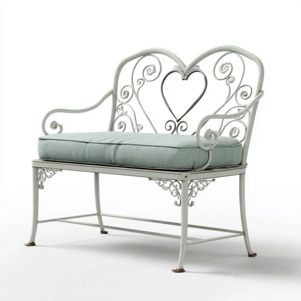 Gartenbank Eisen mit Kissen 120x60x90 cm – Weiß/Grün – Romantisches Design