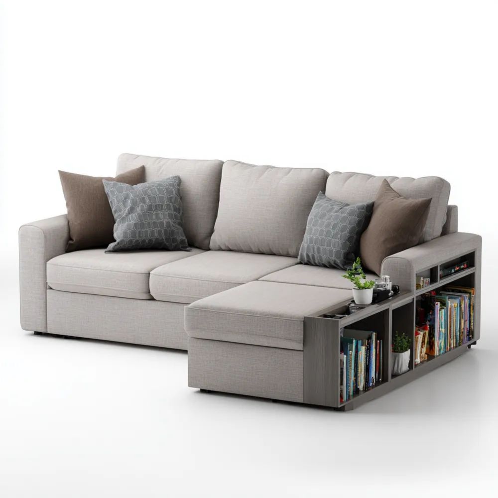 Divano angolare in tessuto 250x160x85 cm con libreria integrata - Grigio Chiaro