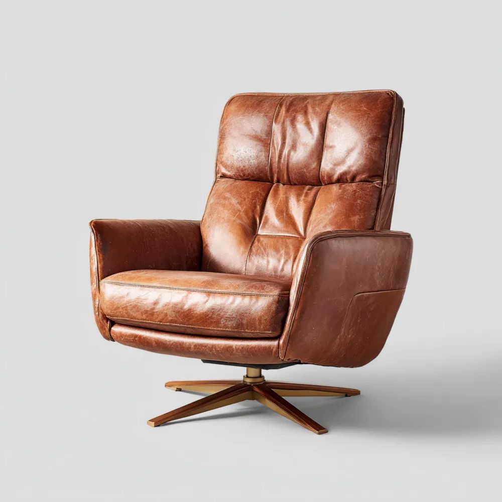 Poltrona in Pelle Marrone 80x85x100 cm Girevole con Base in Metallo - Design Contemporaneo