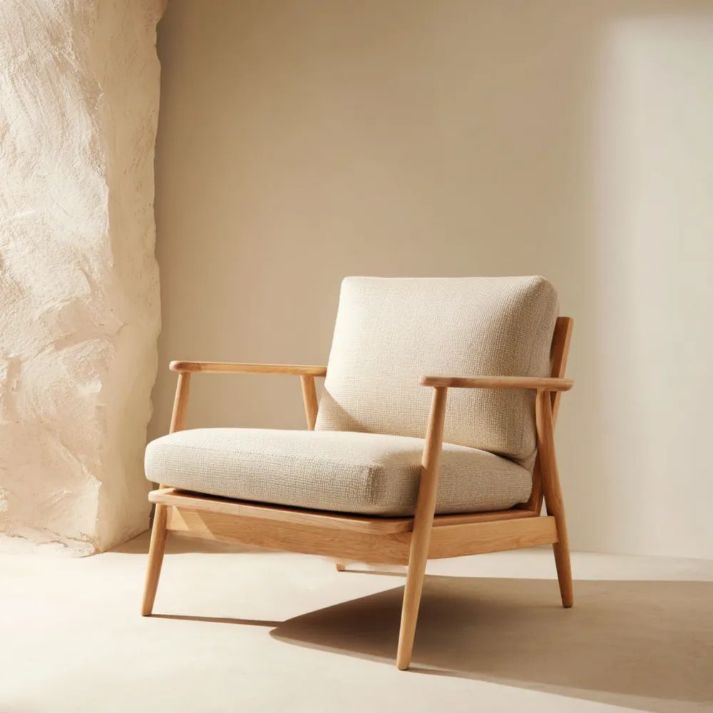 Poltrona in Legno 75x80x90 cm - Tessuto Beige - Design Moderno