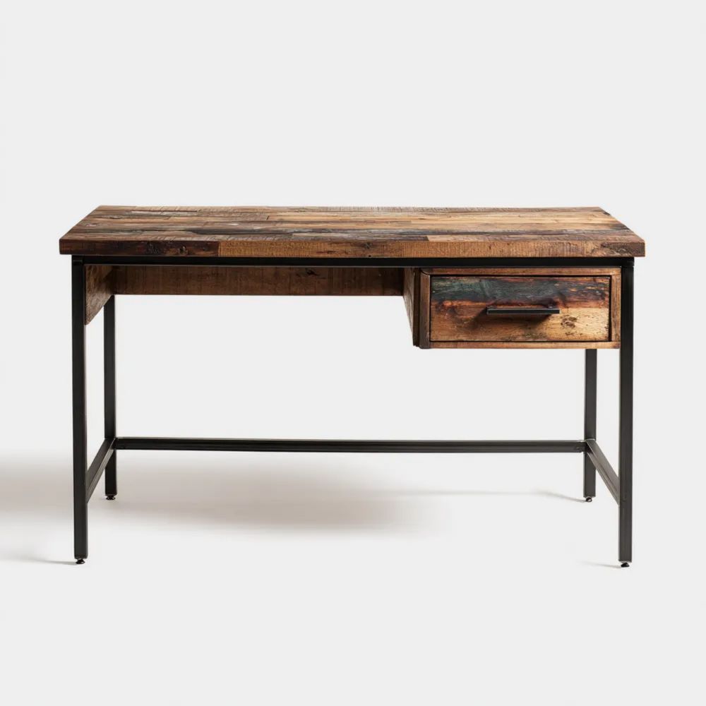 Scrivania in legno riciclato con cassetto – 120x60x75 cm – Design industriale