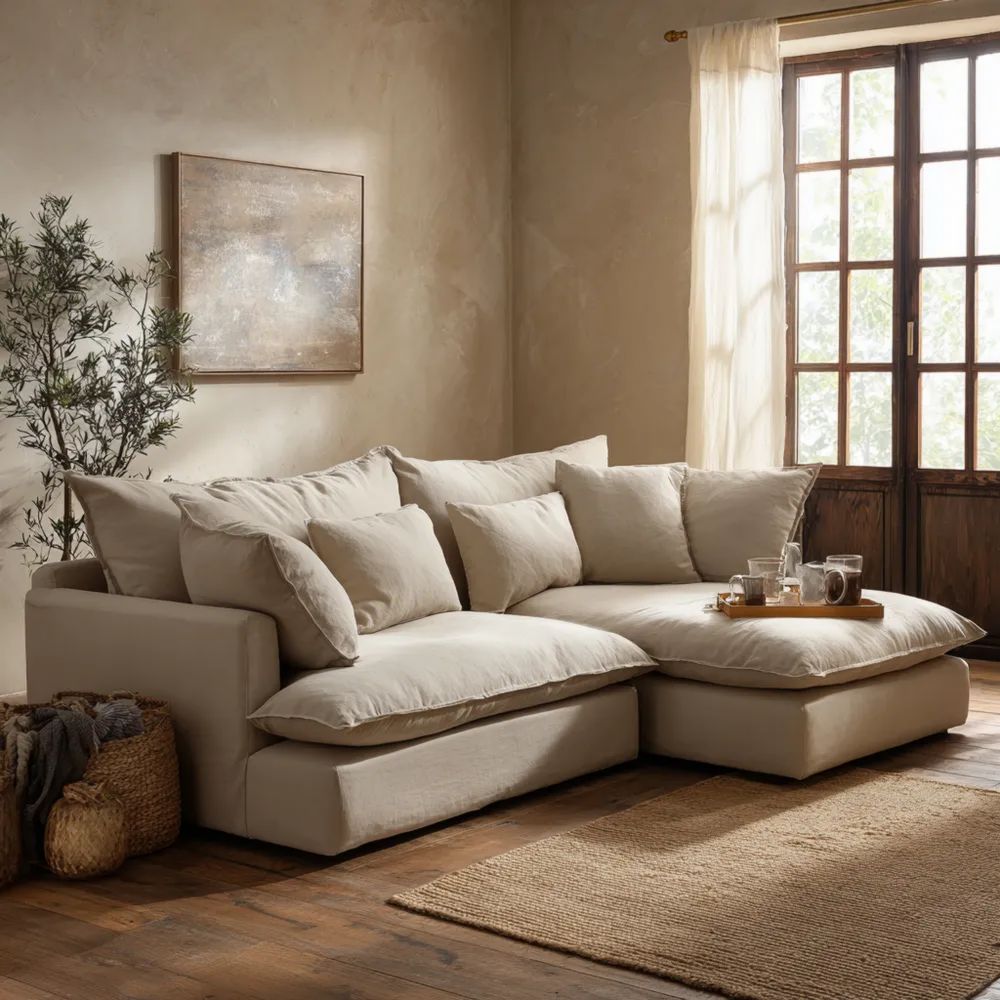 Divano angolare in tessuto 250x150x85 cm – Beige – Design moderno