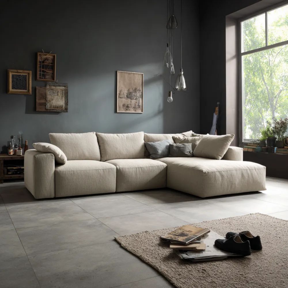 Divano angolare in tessuto 300x200x90 cm - Beige - Design moderno