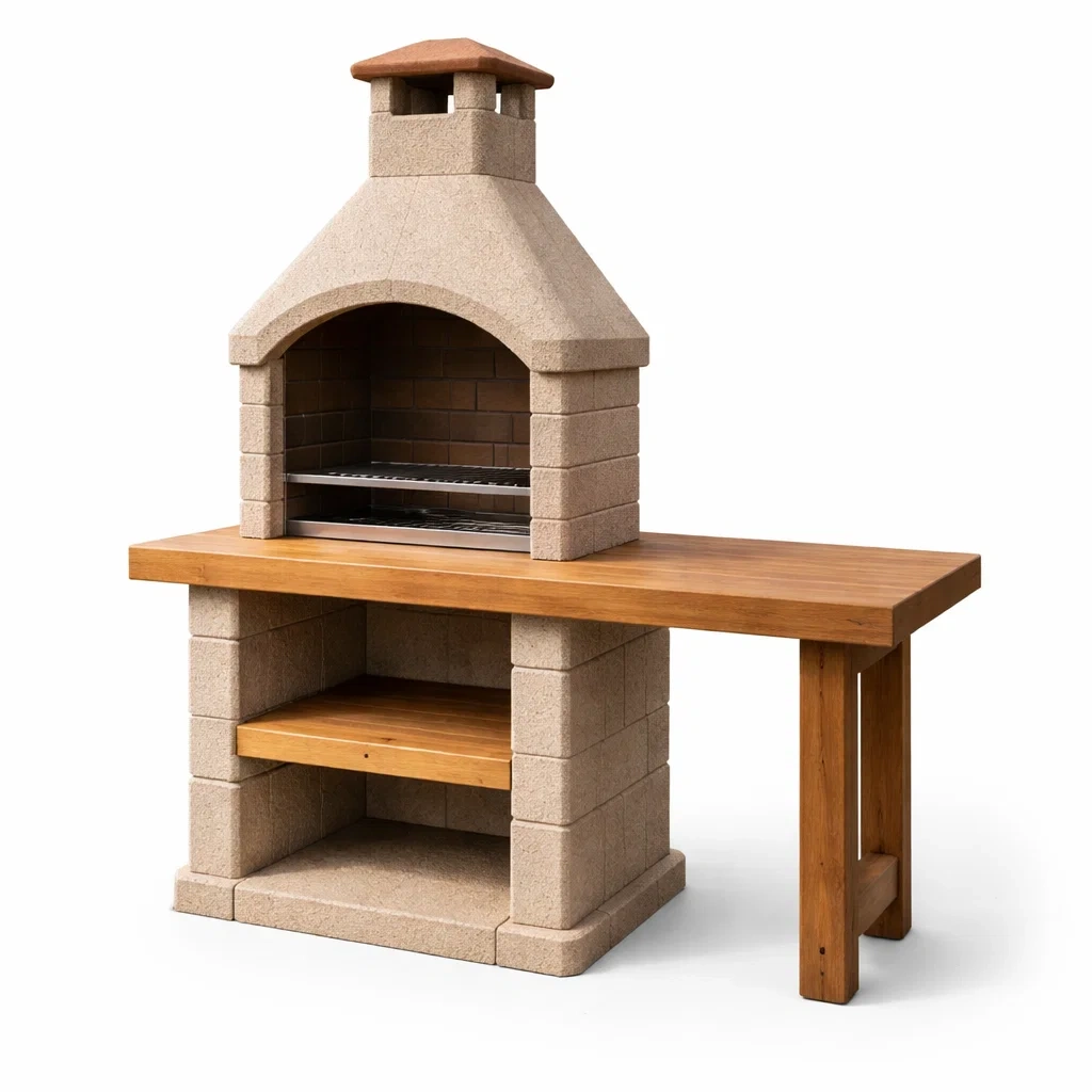 Barbecue en pierre reconstituée avec table en bois-COZYVI STAZZ