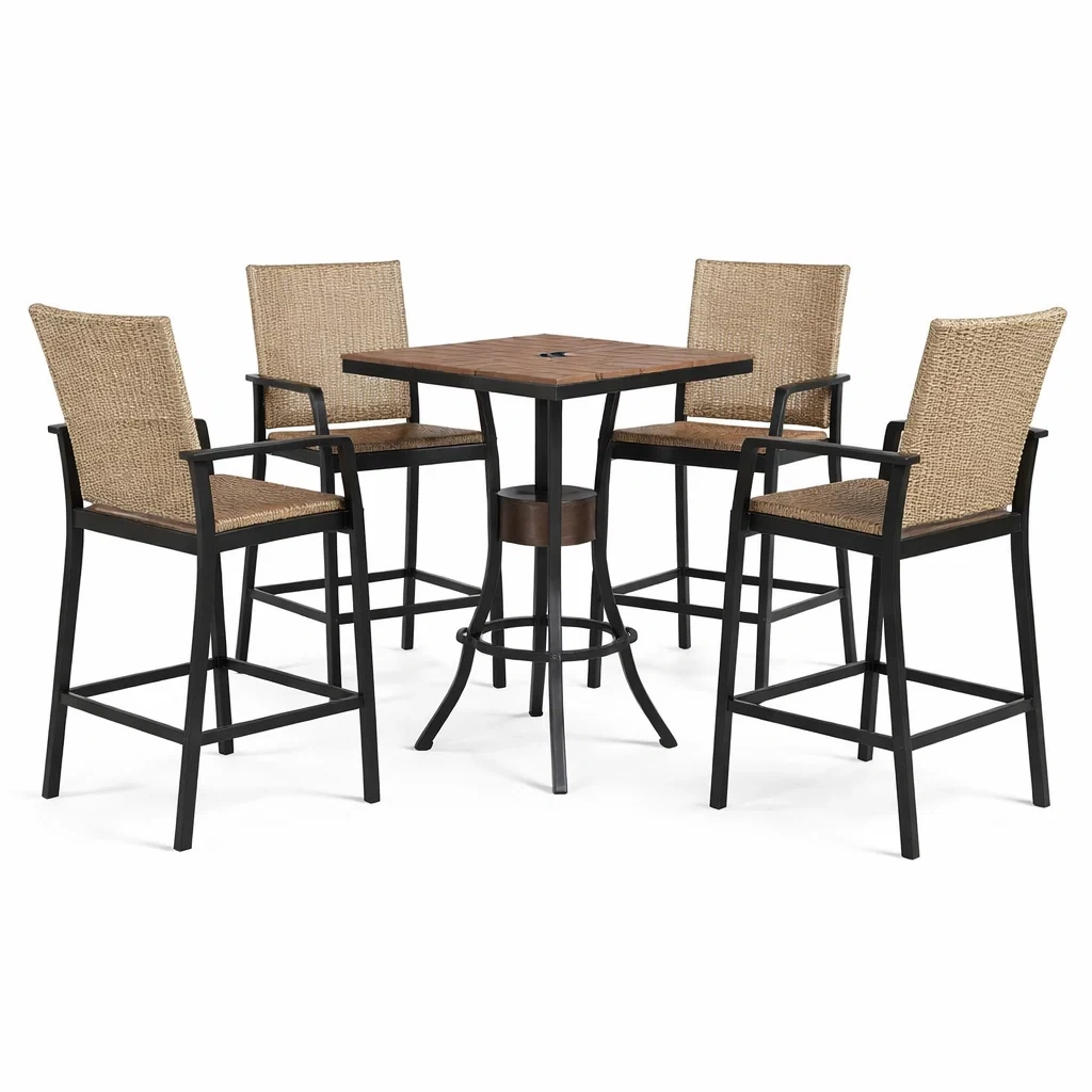 Ensemble de bar extérieur en métal et rotin avec table carrée et chaises-COZYVI STAZZ