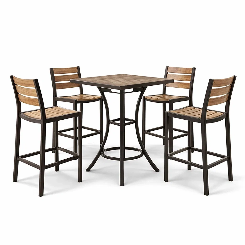 Ensemble de bar table haute carrée et chaises en acier et teck-COZYVI STAZZ