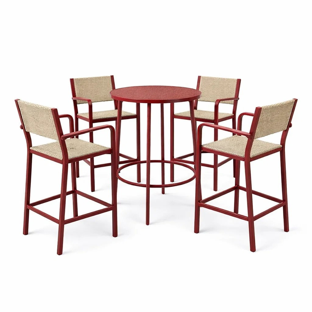 Ensemble de bar table haute en métal rouge avec chaises en corde beige-COZYVI STAZZ
