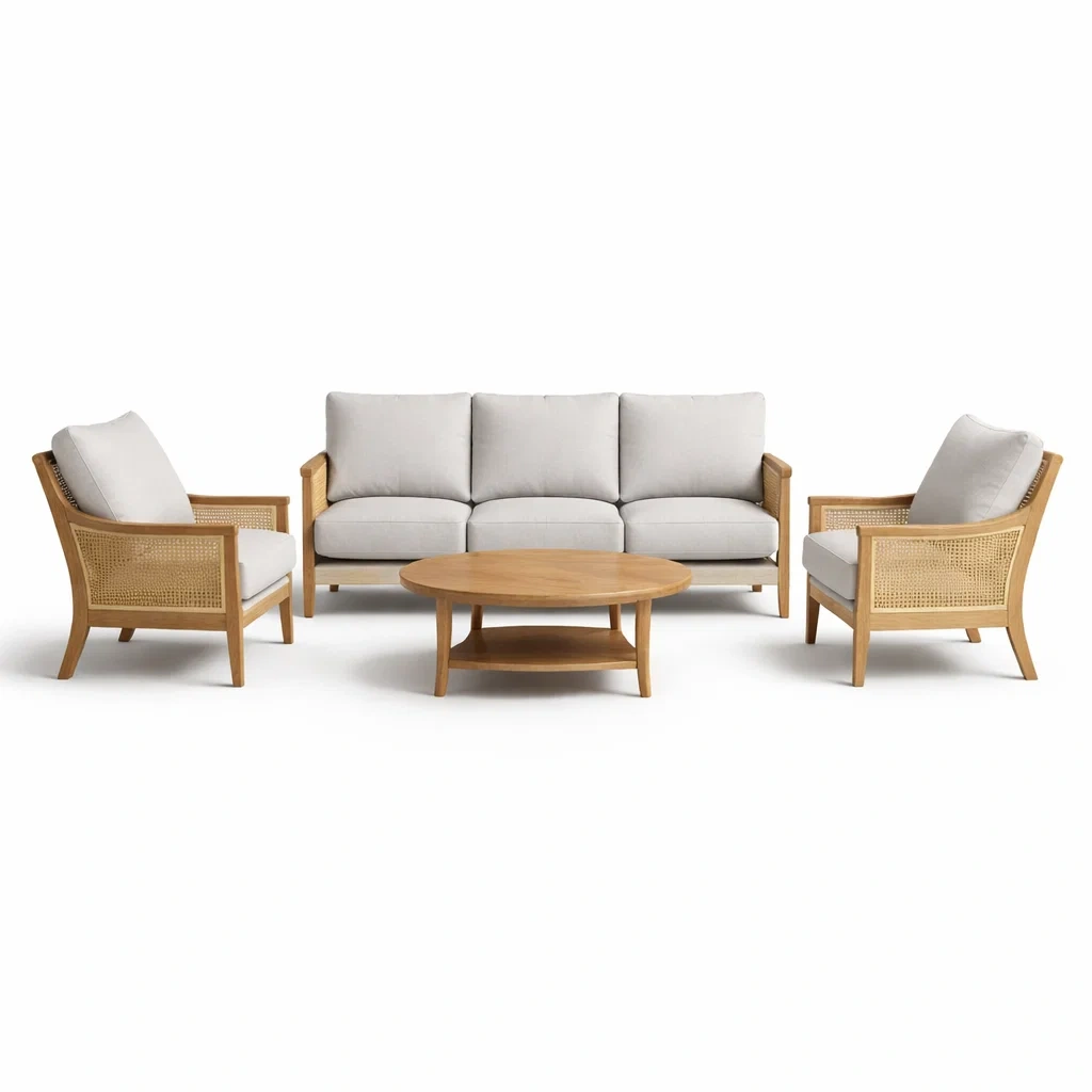 Ensemble de canapés trois places et fauteuils en chêne clair avec table basse ronde-COZYVI STAZZ