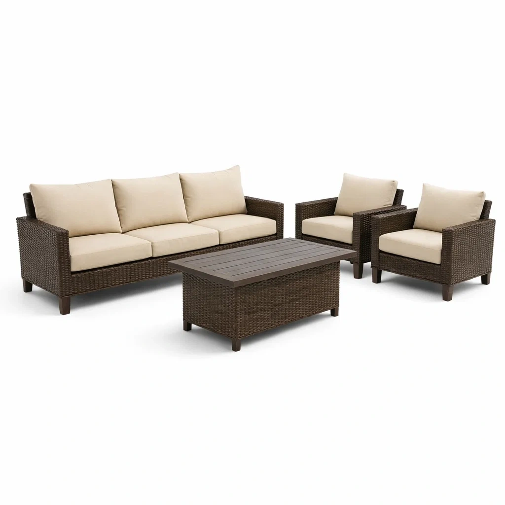 Ensemble de canapés en résine tressée marron avec coussins en polyester beige-COZYVI STAZZ