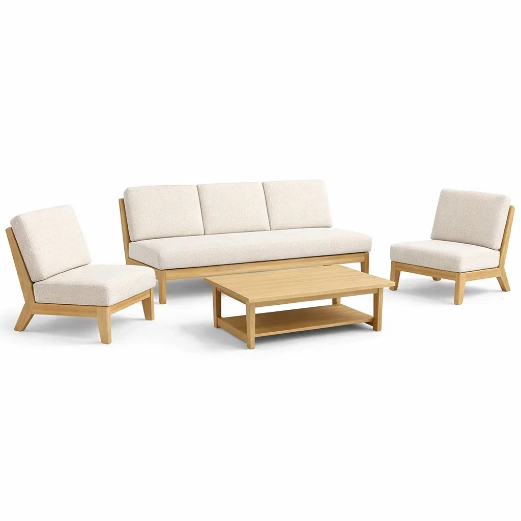 Ensemble de canapés trois places avec fauteuils et table basse en chêne et tissu naturel-COZYVI STAZZ