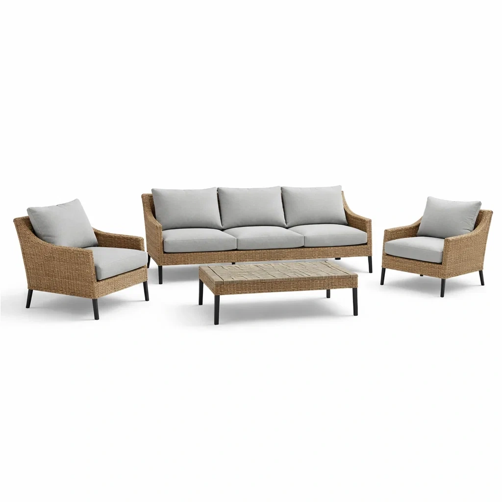 Ensemble de canapés en rotin synthétique avec coussins en polyester gris naturel-COZYVI STAZZ