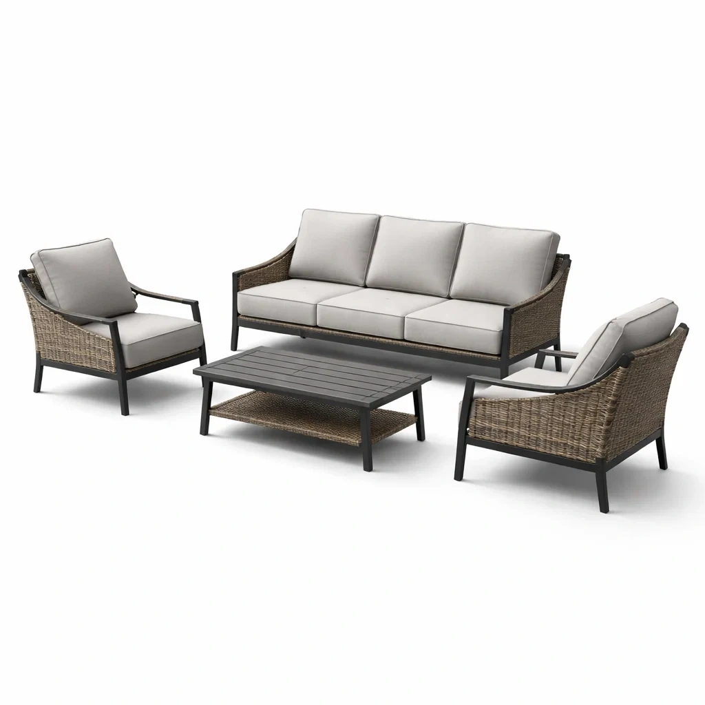 Ensemble de canapés en aluminium et résine tressée avec coussins en polyester beige-COZYVI STAZZ