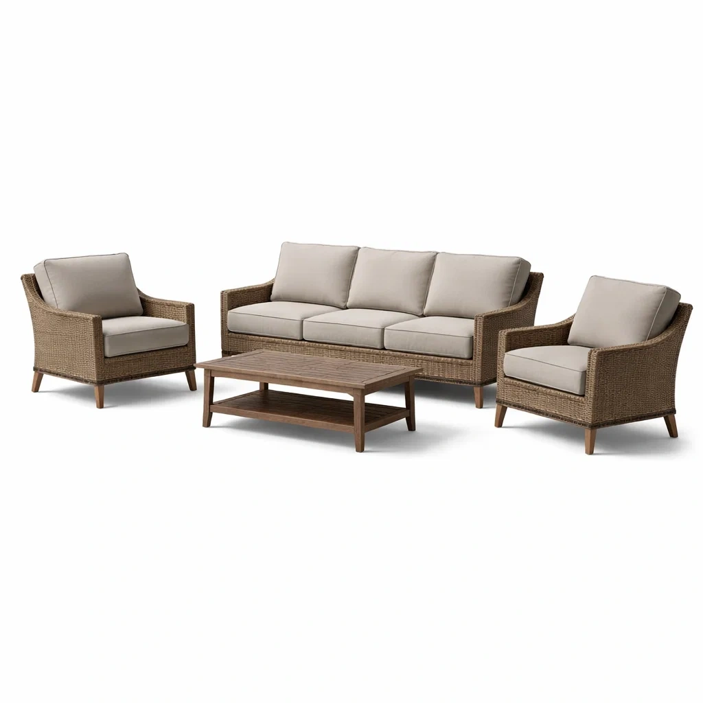 Ensemble de canapés en résine tressée et bois avec coussins beige-COZYVI STAZZ