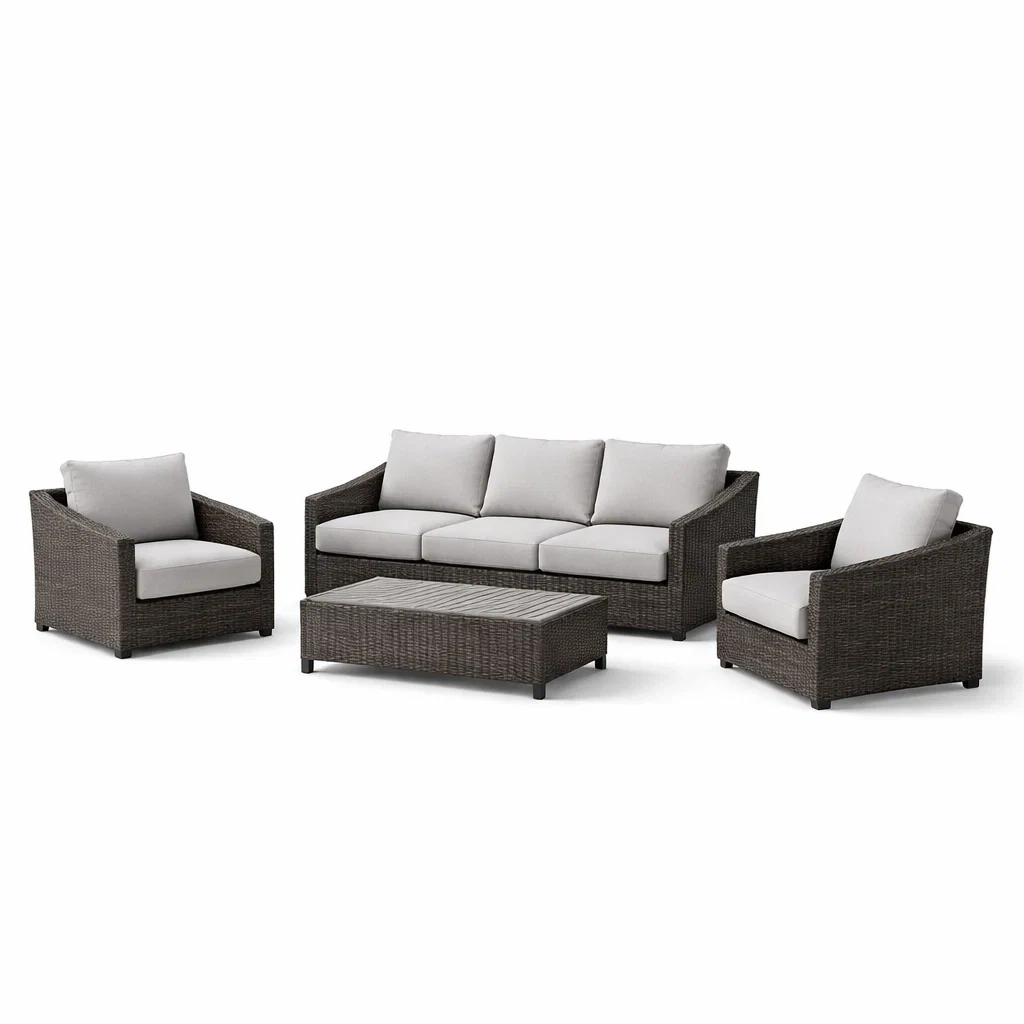 Ensemble de canapés en résine tressée marron avec coussins gris-COZYVI STAZZ