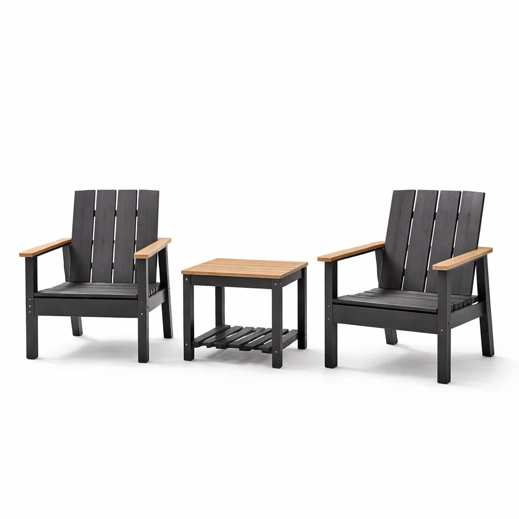 Ensemble de détente de chaises et table basse en métal noir et bois d’acacia-COZYVI STAZZ