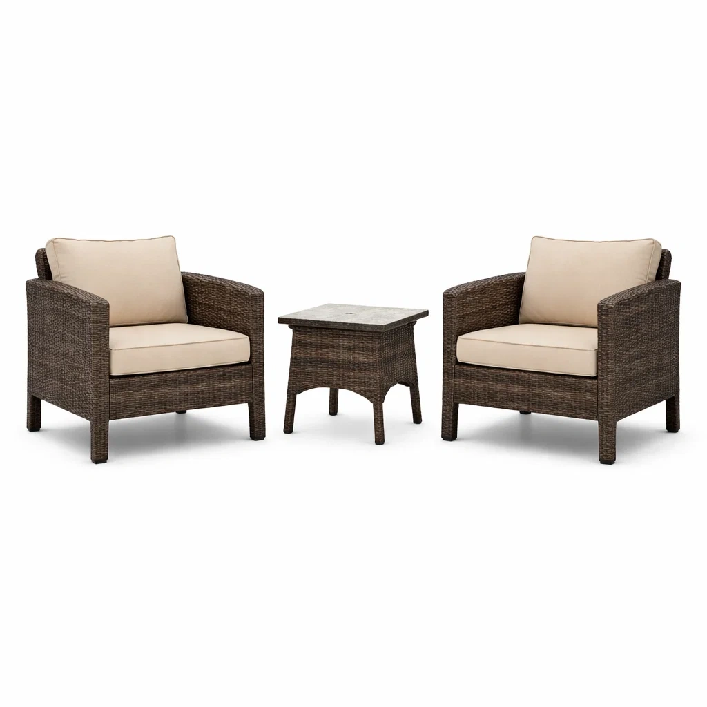 Ensemble de détente de fauteuils et table en résine tressée brun avec coussins beiges-COZYVI STAZZ