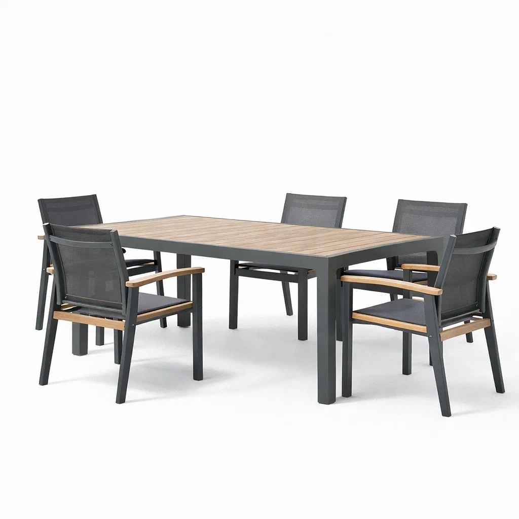 Ensemble table et chaises en aluminium gris et bois composite-COZYVI STAZZ