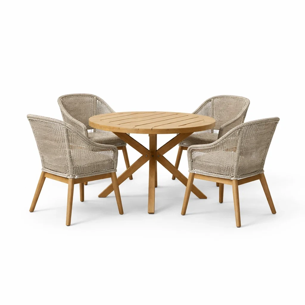 Ensemble table et chaises en bois de teck et résine tressée avec table ronde-COZYVI STAZZ