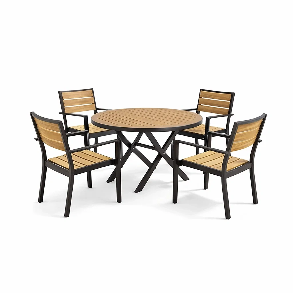 Ensemble table et chaises en aluminium et bois avec table ronde-COZYVI STAZZ